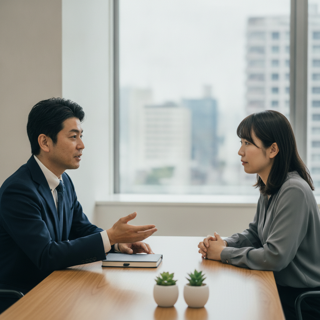 相続人が集まり遺産分割協議書の内容を確認している落ち着いた雰囲気の机上